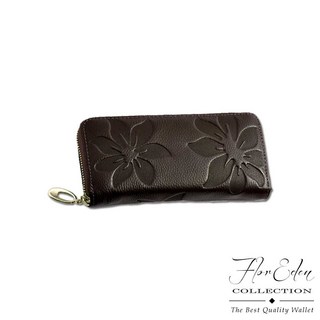 真皮壓紋長夾 氣質山茶花款 拉鍊零錢包