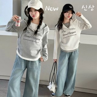 투나이언 여아 레터링 크롭 후드 티셔츠 청바지 상하복세트