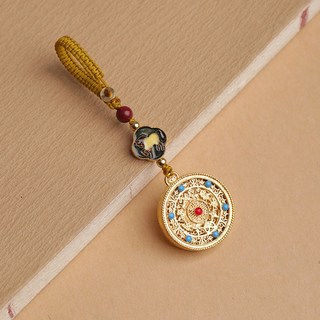 古法沙金銅鑰匙扣 時來運轉十二生肖福盤 本命年守護神 招財轉運掛件 吉祥納福 驅邪避災 鑰匙圈 吉祥禮物, 1個, 生肖：馬