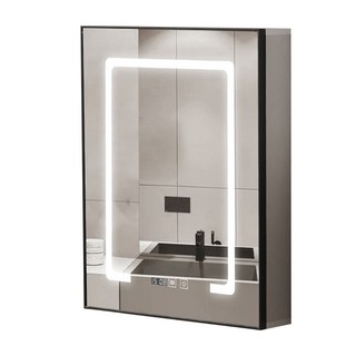 太空鋁觸屏智能鏡櫃 LED帶燈一鍵除霧 掛牆免打孔 小戶型衛生間化妝鏡 (40/50cm), 淺灰色49cm智能鏡櫃（燈光+除霧+時間日期+溫度顯示）