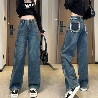 寬鬆高腰口袋毛邊直筒牛仔褲 S~2XL (V3871)