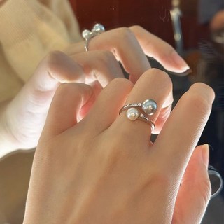 桃園出貨 S925純銀雙色珍珠開口戒指氣質指環簡約調節食指抗氧化防過敏可水洗不掉色 女生戒指 女戒指 戒指女 開口戒