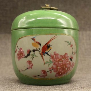 居仁堂 綠釉花鳥雪景筒環蓋罐 古玩古董瓷器擺件 完整有韻味, 如圖所示, 1個