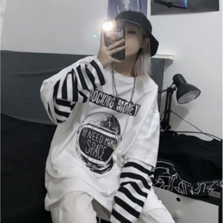 여성 하라주쿠 우주 레터 프린트 스트라이프 페이크 투피스 티셔츠