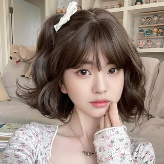 KIRABI 여자 가발 여성 통가발 자연스러운 히피펌 단발가발 에어리 슬릭 미디 32cm, 통가발: DTF-0221, 쿨브라운, 1개