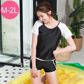 Daima黛瑪 大尺碼 四件式泳衣 M-2L 運動短袖泳衣 修身 遮肚 顯瘦 防走光 海邊 衝浪 游泳 C191167, 黑色,L