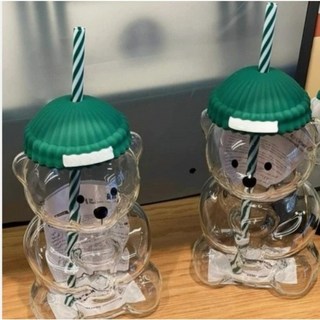 2025년 신제품 투명 곰 유리병 - 녹색 뚜껑과 빨대 컵 귀여운 동물 음료 휴일 선물 크리스마스