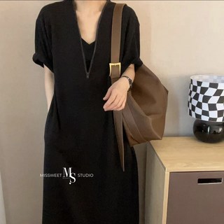 MISSWEET 時髦V領拉鍊長洋裝 寬鬆顯瘦兩色可選, 時髦黑