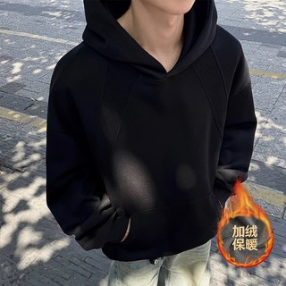 華棉連帽加絨衛衣 男款 純色寬鬆休閒運動連帽套頭衫