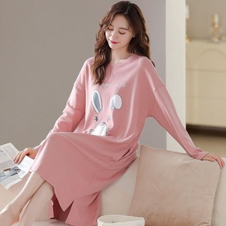 JIEVE 잠옷 스커트 여성 봄가을 면 얇은 긴팔 루즈핏 롱 캐주얼 홈웨어 SL062819