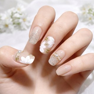 純手工穿戴甲 美甲片 手繪珍珠花朵美甲 可重複使用 精緻款 顯白美甲片 Sweet Air, 1個, 手繪花朵,S