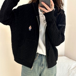 杜達女孩 學院小熊刺繡麻花連帽針織外套 雙拉鍊寬鬆連帽外套