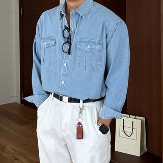 태도 남자 남성 고퀄리티 남자 투포켓 데님 청 셔츠 남방