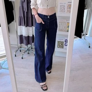 雪莉小姐 休閒百搭後鬆緊雙口袋側邊線條彈力修身牛仔寬褲