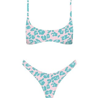 辣妹衝浪套裝豹紋泳裝橫胸運動性感比基尼清新印花女分體泳衣胸墊, 粉紅色 （送胸墊）,m