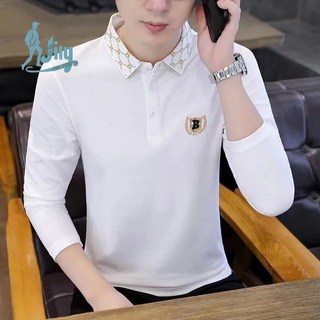 POLO衫男士長袖條紋春秋新款休閒修身刺繡商務翻領T恤上衣