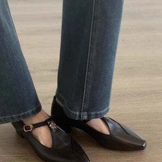 春夏新款 羊皮瑪麗珍鞋 淺口鏤空 粗跟單鞋女, 米白色,40, 40