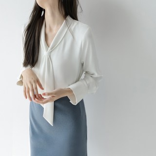 BLACK K7여성오버핏 브이넥 타이블라우스 베이식 데일리 쉬폰 셔츠