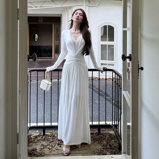 爆款速發長洋裝 素色洋裝 法式復古蕾絲拼接V領白色長袖洋裝女2025早秋新款性感包臀裙子, 白,L