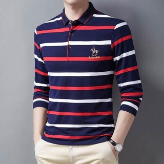 長袖POLO衫 大尺碼春秋季高爾夫球衫 立領商務修身條紋純棉男士打底工作衫