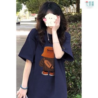 廷選 小熊SEZO印花 美式休閒穿搭・寬鬆百搭・少女感・可愛系・大學生日常休閒風, 黑色,S【建議38-48kg】