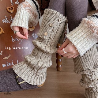 翻邊鈕扣堆堆襪 - 復古麻花針織襪套 秋冬保暖長筒襪 - 日韓學院風女款