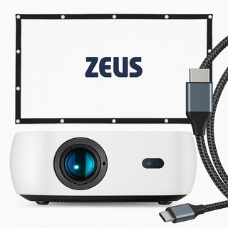 제우스 L1300 FHD 스마트 빔프로젝터 천 스크린 HDMI TO C TYPE 미러링 케이블, 캠핑 시네마 세트