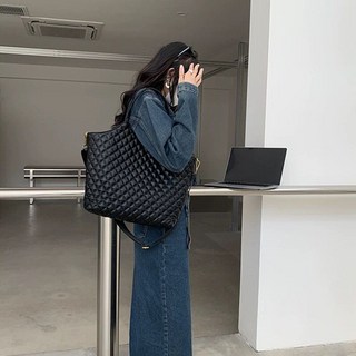 自制托特包包女2025新款大容量百搭菱格黑色大包單肩手提斜挎包潮, 黑色