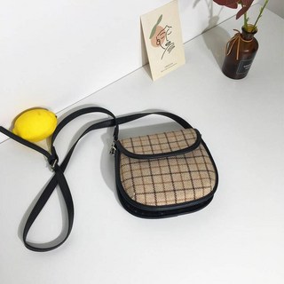 復古格紋馬鞍包 斜背包, 棕色, 棕色