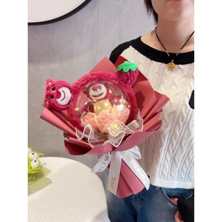 超暖心台灣現貨IG網美同款波波球花束 草莓熊熊抱哥 生日禮物送男女朋友情人節交換禮物教師節禮物畢業禮物, 草莓熊波波球+大髮箍+禮物袋, 1個