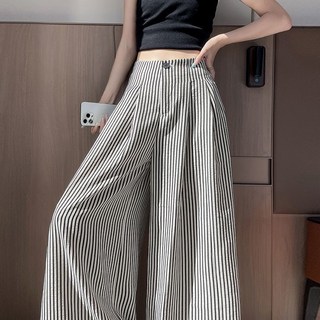 復古豎條條紋闊腿褲女2025夏季薄款慵懶風直筒西裝山本褲潮流