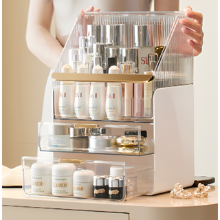 Zuge 화장품 정리함 커버형 특대형 3단 화장품정리함 + 브러쉬 보관함, 화이트+투명, 1개