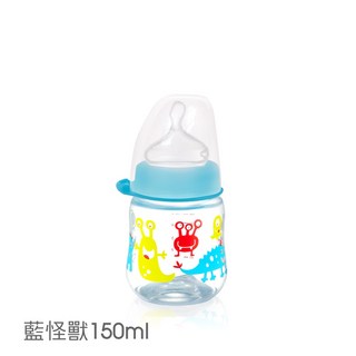 【NIP】德國製專利防脹順哺玻璃/PP奶瓶加贈母乳儲存蓋-拇指/圓型(M號奶嘴), 1個, PP拇指型 藍怪獸150ml-A款螺牙, 藍色, 150ml