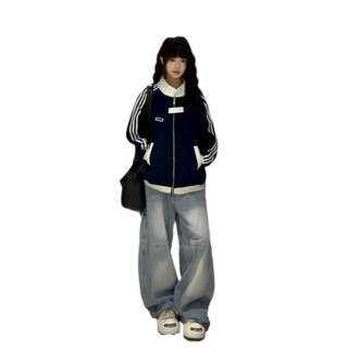 灰色三條槓解構立領棒球服夾克 美式復古情侶運動外套