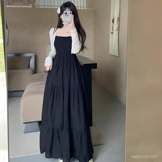 Bella愛coupang 旅行套裝 微胖赫本風設計感復古中國風森系遮肉綁帶吊帶小黑裙, 白色開衫【white上衣】,7XL