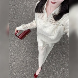 COSYEVNO 여성 투피스 가을 브이넥 펀칭 심플 편안 캐주얼 루즈핏 미디 긴팔+스커트 투피스 CXJtz-02