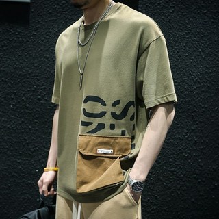 美式復古個性休閒短袖t恤男夏季大碼寬鬆痞帥氣質運動工裝上衣潮, 軍綠色,4XL 【建議87.5-95kg】, 軍綠色