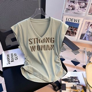 ROYALBELLE 여성 셔링 디테일 브이넥 빅사이즈 레터링 프린팅 베이직 반팔 티셔츠 K061915