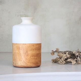 戊辰美學 泰國藝術品 芒果木木頭花器, 上白下柚芒果木花器W15*H25.4cm