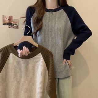 大尺碼 長袖上衣 T恤 女 秋冬 寬鬆 顯瘦 拼接撞色 打底衫