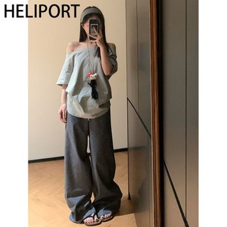HELIPORT夏季韓系慵懶休閒套裝女時尚斜肩短袖長褲寬鬆顯瘦兩件套