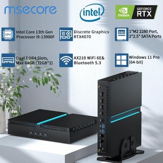 고사양 게이밍 미니 PC 컴퓨터 데스크탑 Msecore 코어 i9-13900F RTX4070 12G 전용 카드 윈도우 11 DDR5 PCIE4.0 WiFi6E BT5.3 8K MV, 32G RAM 1T SSD, I7 13700F RTX4070, 32GB