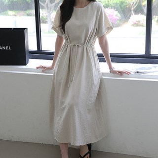 제니트 여성 바스락 비스코스 린넨 허리 스트링 심플 루즈핏 라운드넥 여름 롱 원피스