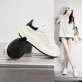 真皮小白鞋女生厚底板鞋增高6CM女鞋休閒鞋板鞋增高運動休閒鞋網面透氣韓版鬆糕運動鞋老爹鞋黑尾白鞋