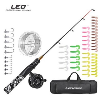 LEOFISHING 얼음 낚싯대 및 릴 콤보 지그 후크 소프트 루어 및 캐리어 백 풀 세트 50cm 19.7 인치, 1개