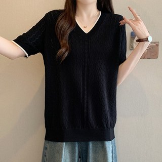 스타일아유 여성용 빅사이즈 루즈핏 V넥 반팔 티셔츠 아이스 펀칭 디테일 니트 상의 KN2076