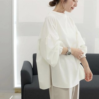 ZAJA 여성 백버튼 벌룬소매 라운드넥 블라우스 루즈핏 편안한 데일리룩