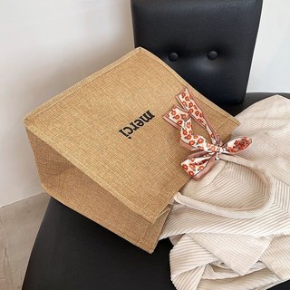 環保購物袋 帆布手提袋 大容量亞麻手提袋2025新款網紅韓版ins百搭大學生上課單肩托特包 便當袋 棉麻提袋