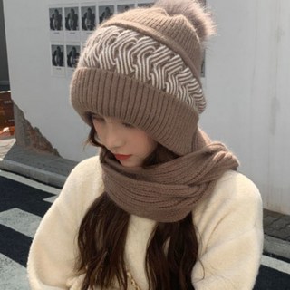 아르바니 마리 방울 니트 일체형 모자 머플러 비니 캡 앙고라 세트 털 양털 폼폼 극세사 기모 방한