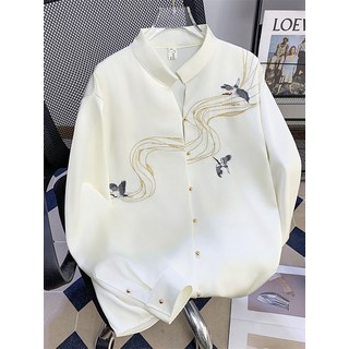 中國風刺繡立領襯衫男長袖高級垂感上衣春秋寬鬆潮流痞帥休閒襯衣